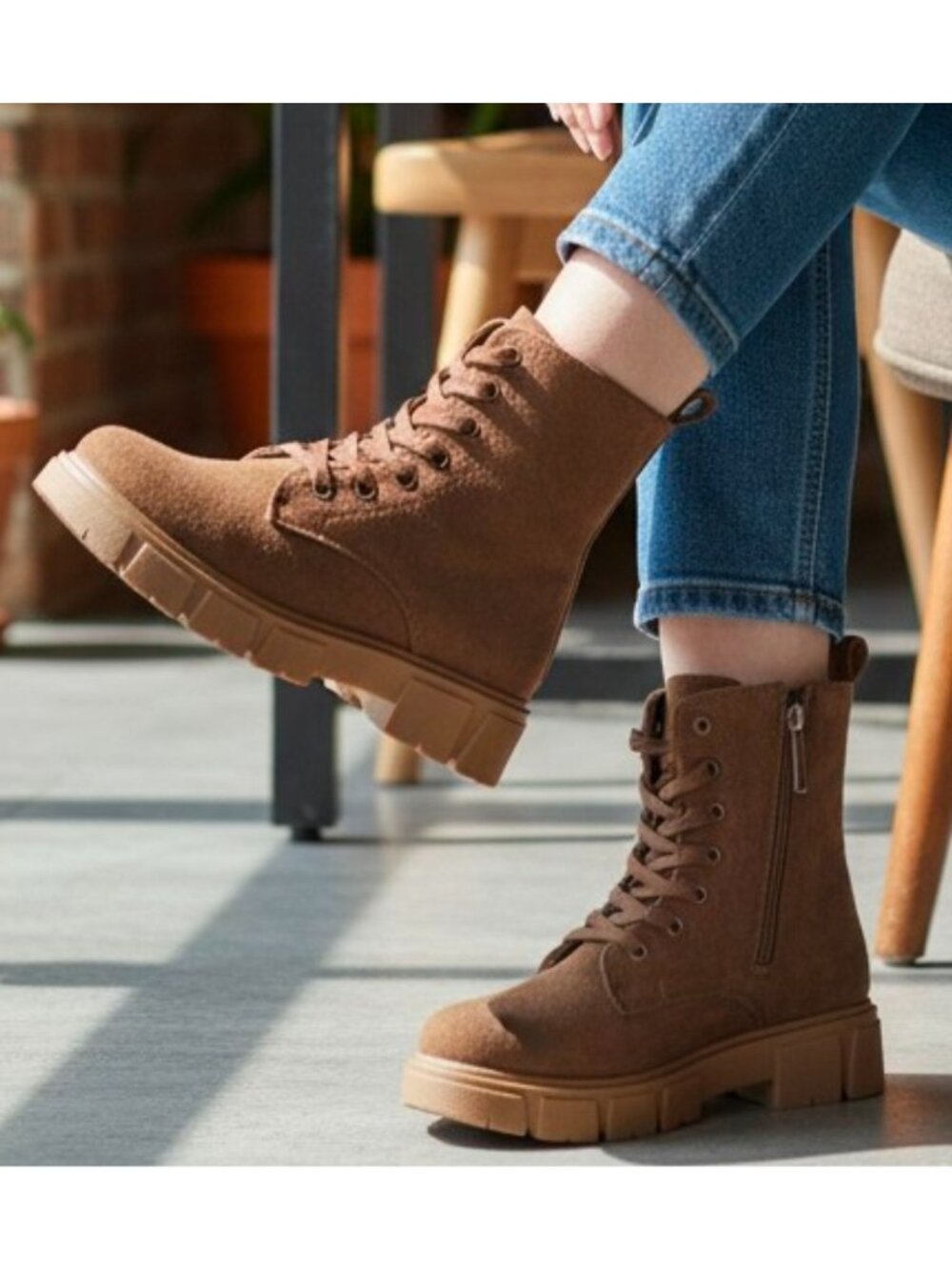 Chunky Sole Brown Faux Suede Combat Boots With Side Zipper & Lace-Up Closure For